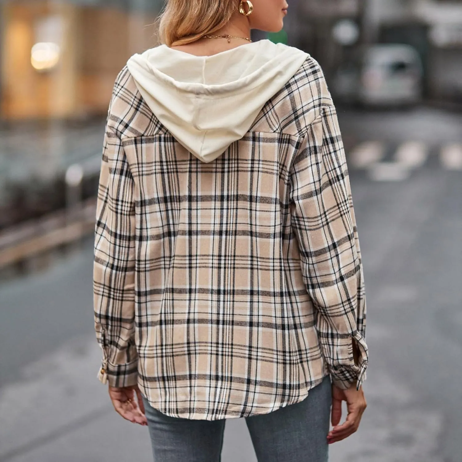 Womens Hooded Long Sleeve Flannel Plaid Shirts Lapel Button Down Shacket Jacket Coats 2023 Fall Fashion Coats