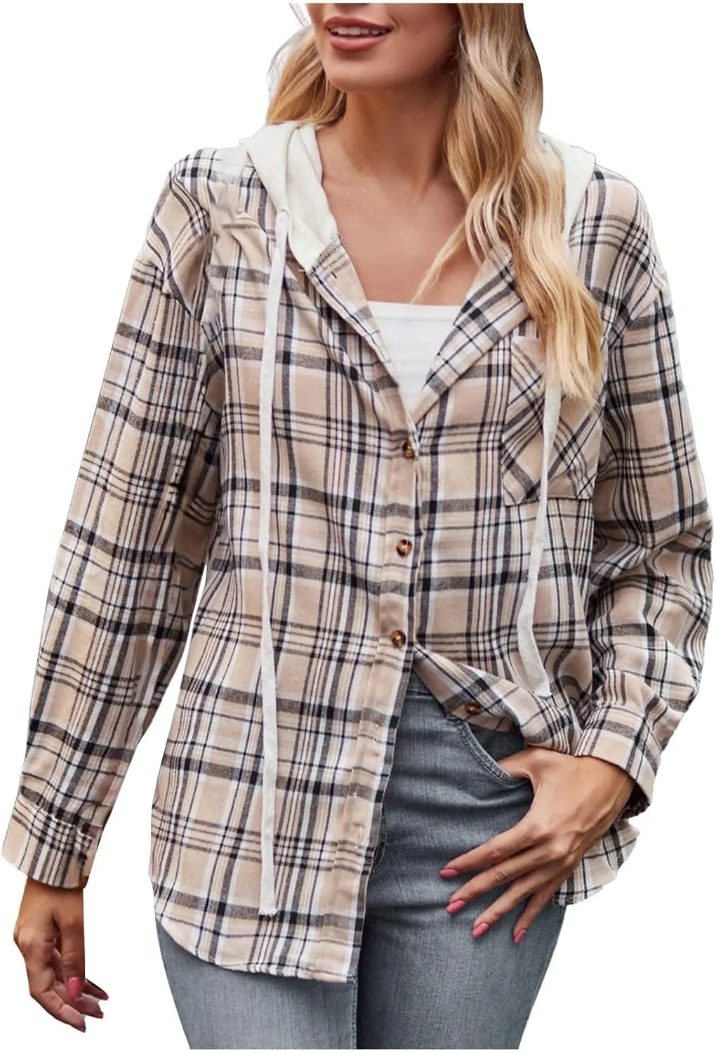 Womens Hooded Long Sleeve Flannel Plaid Shirts Lapel Button Down Shacket Jacket Coats 2023 Fall Fashion Coats