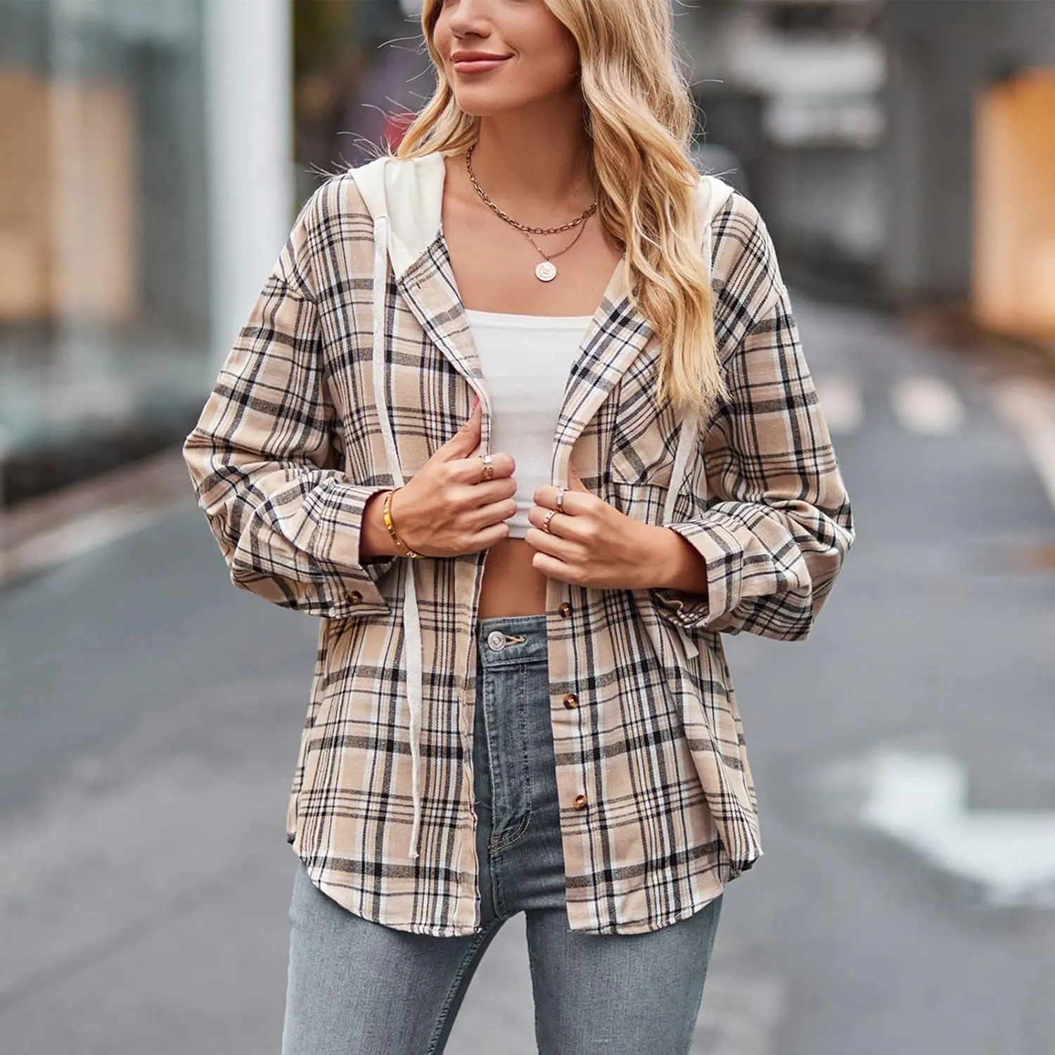 Womens Hooded Long Sleeve Flannel Plaid Shirts Lapel Button Down Shacket Jacket Coats 2023 Fall Fashion Coats