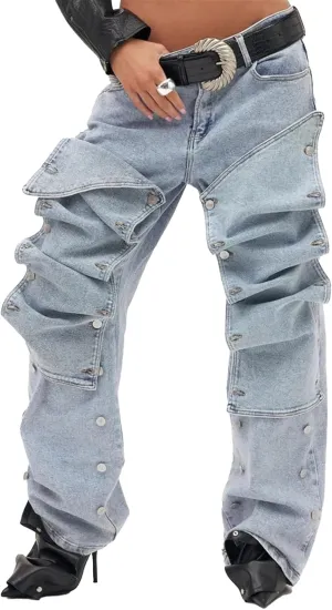 Womens Jeans Trendy Y2k Irregular High Waisted Straight Wide Leg Baggy Jeans Streetwear