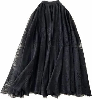 Women's Lace Embroidered Pleated Skirt Elastic High Waist Mesh Tutu Skirts Bohemian Flowy A-Line Midi Length Skirt