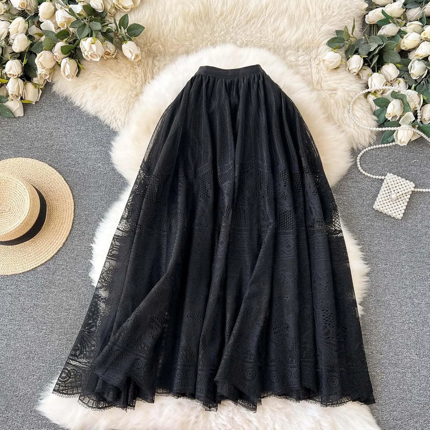 Women's Lace Embroidered Pleated Skirt Elastic High Waist Mesh Tutu Skirts Bohemian Flowy A-Line Midi Length Skirt