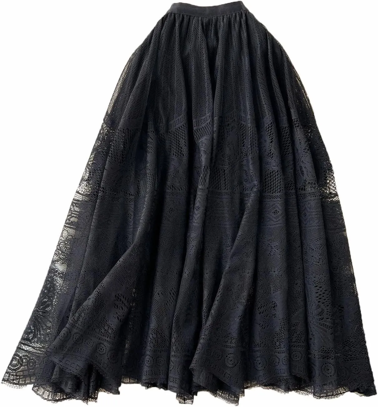 Women's Lace Embroidered Pleated Skirt Elastic High Waist Mesh Tutu Skirts Bohemian Flowy A-Line Midi Length Skirt