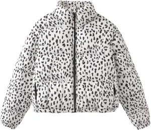 Womens Leopard Print Cropped Puffer Jacket Winter Warm Stand Collar Zip Up Short Down Coat Outwears