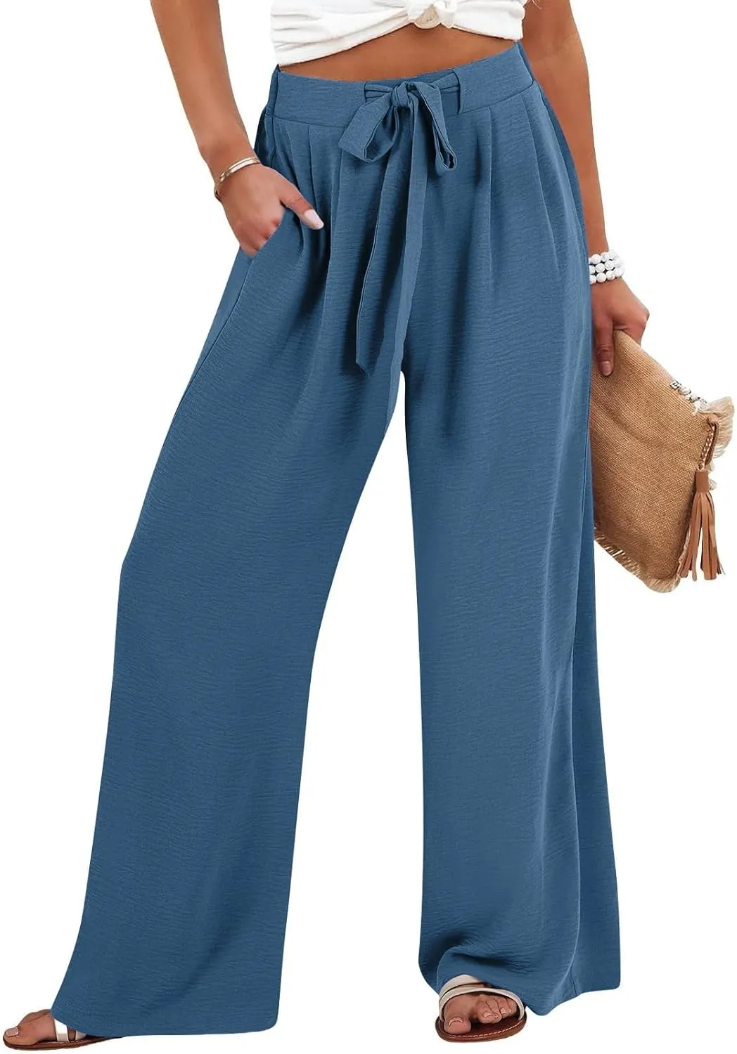 Women's Linen Palazzo Pants Wide Leg High Waisted Lounge Casual Beach Pants with Pockets Trousers Pants for Women