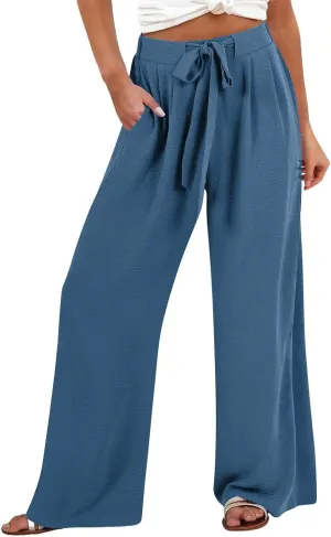 Women's Linen Palazzo Pants Wide Leg High Waisted Lounge Casual Beach Pants with Pockets Trousers Pants for Women
