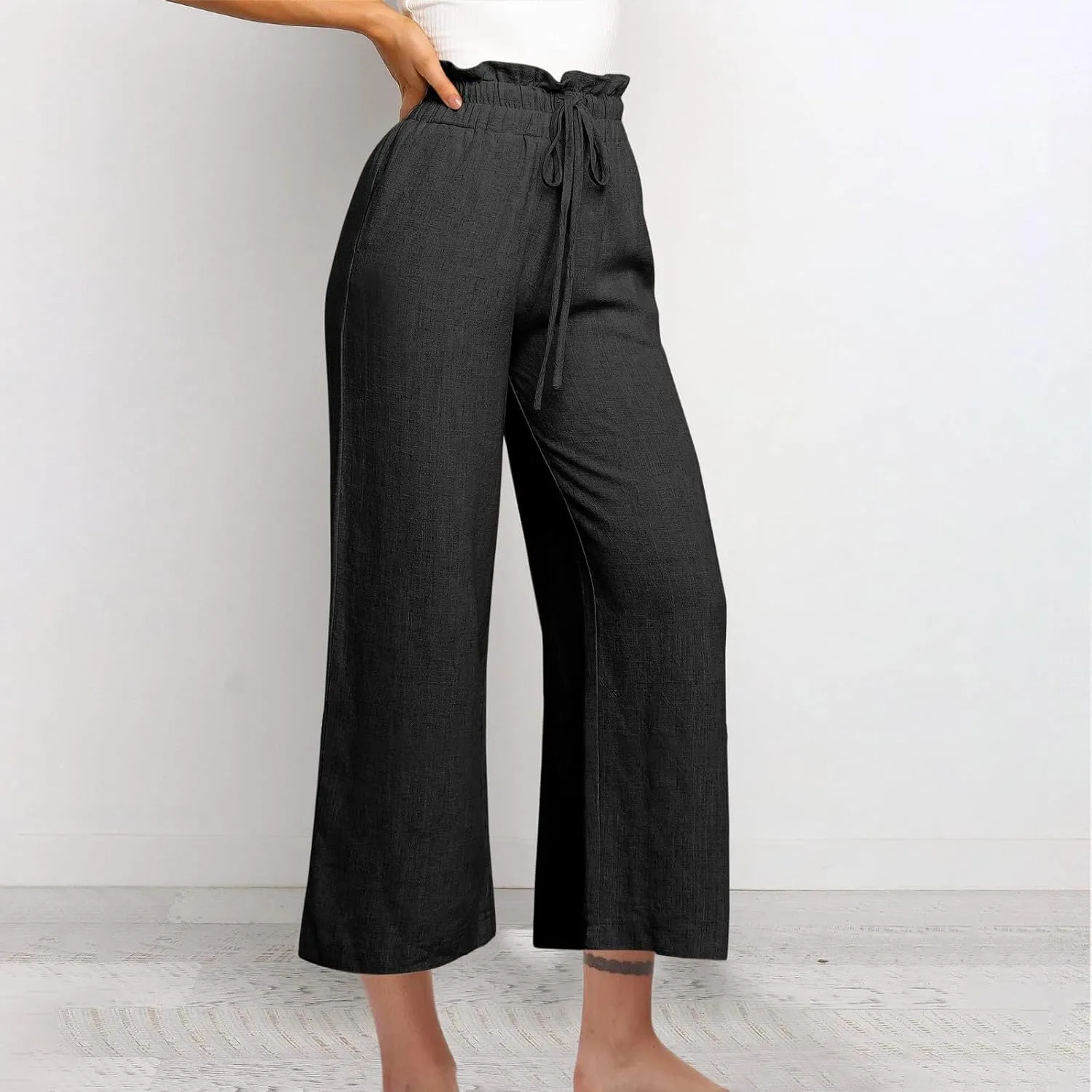 Womens Linen Pants 2025 Summer Casual Loose Wide Leg Pants Spring High Waist Solid Trousers Outfits with Pockets