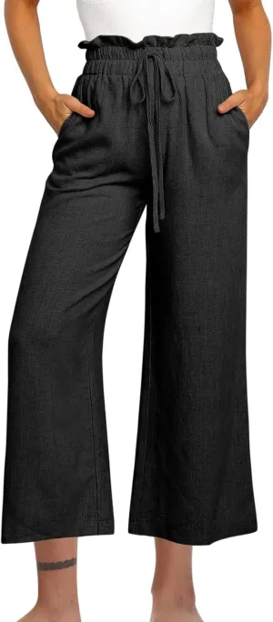 Womens Linen Pants 2025 Summer Casual Loose Wide Leg Pants Spring High Waist Solid Trousers Outfits with Pockets