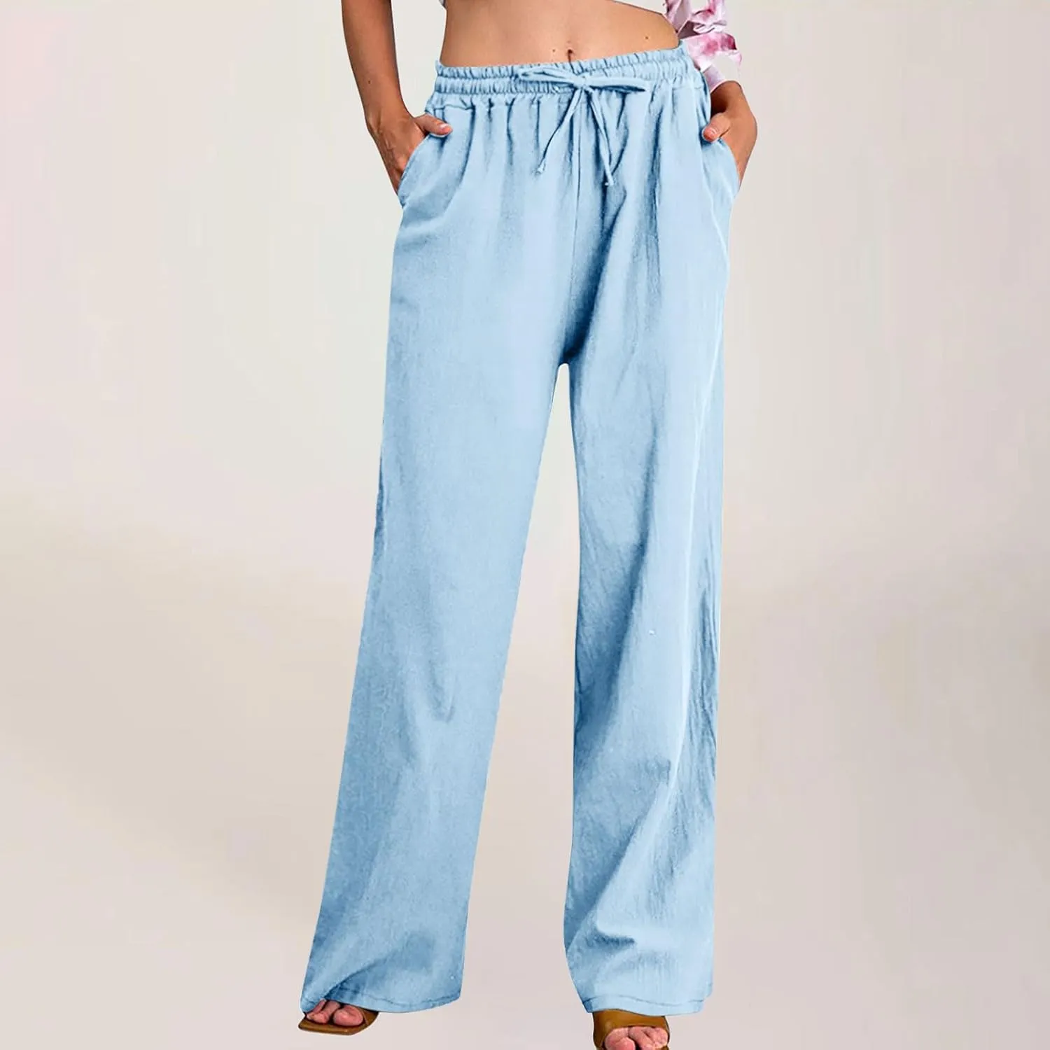 Womens Linen Pants Elastic High Waisted Wide Leg Pants Summer Palazzo Trouser Casual Flowy Drawstring Beach Outfits