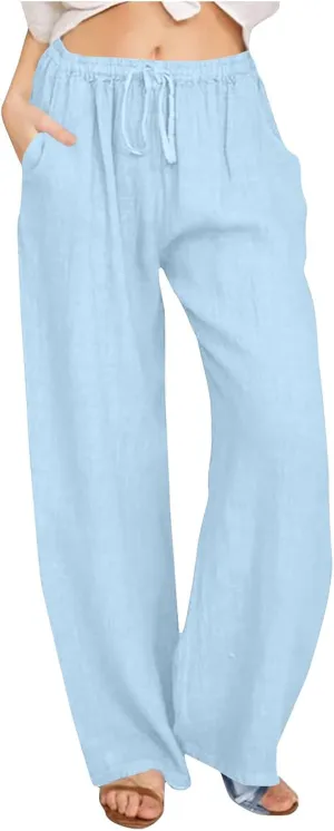 Womens Linen Pants Elastic High Waisted Wide Leg Pants Summer Palazzo Trouser Casual Flowy Drawstring Beach Outfits