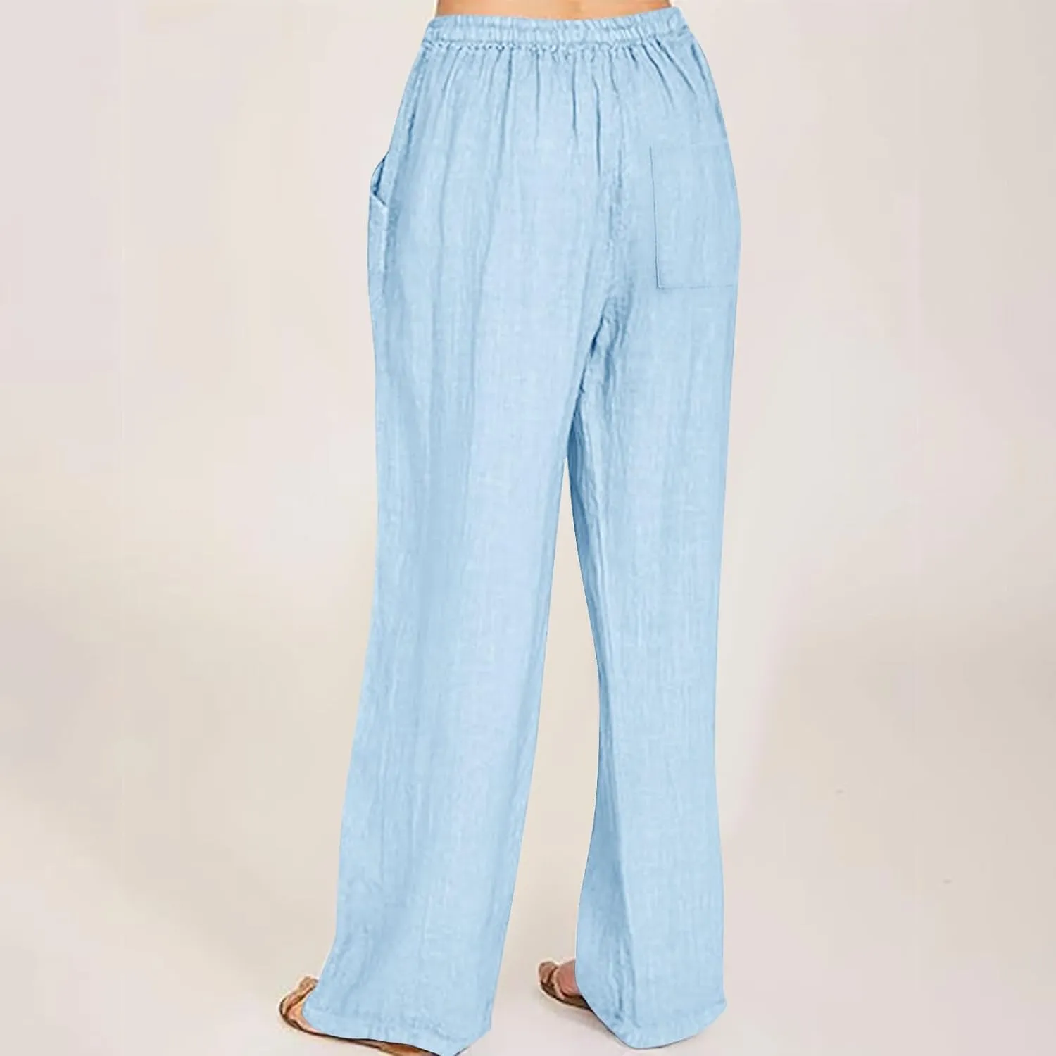 Womens Linen Pants Elastic High Waisted Wide Leg Pants Summer Palazzo Trouser Casual Flowy Drawstring Beach Outfits