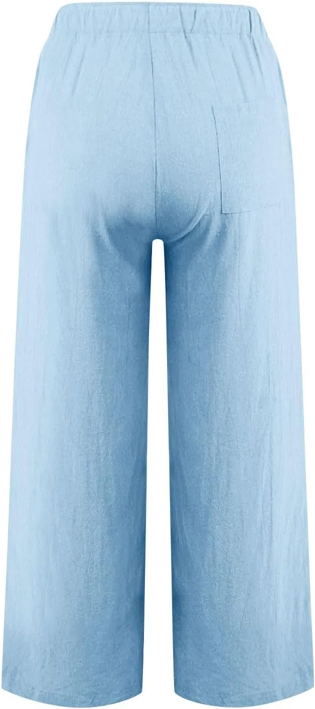 Womens Linen Pants Elastic High Waisted Wide Leg Pants Summer Palazzo Trouser Casual Flowy Drawstring Beach Outfits