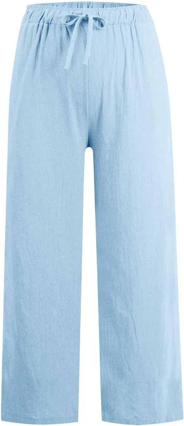 Womens Linen Pants Elastic High Waisted Wide Leg Pants Summer Palazzo Trouser Casual Flowy Drawstring Beach Outfits