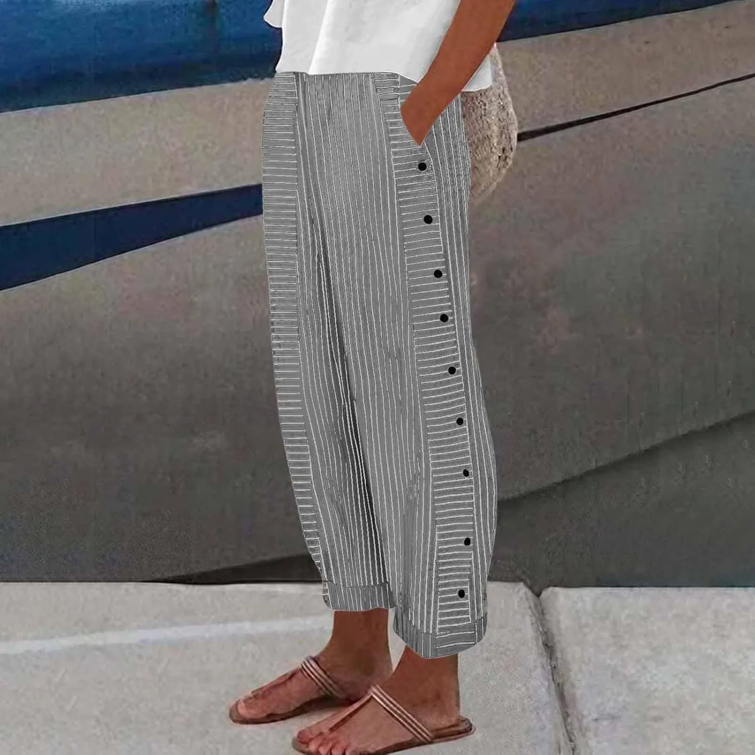 Womens Linen Pants High Waisted Summer Beach Pants Elastic Waist Tapered Pants, Small-5X-Large, Beige