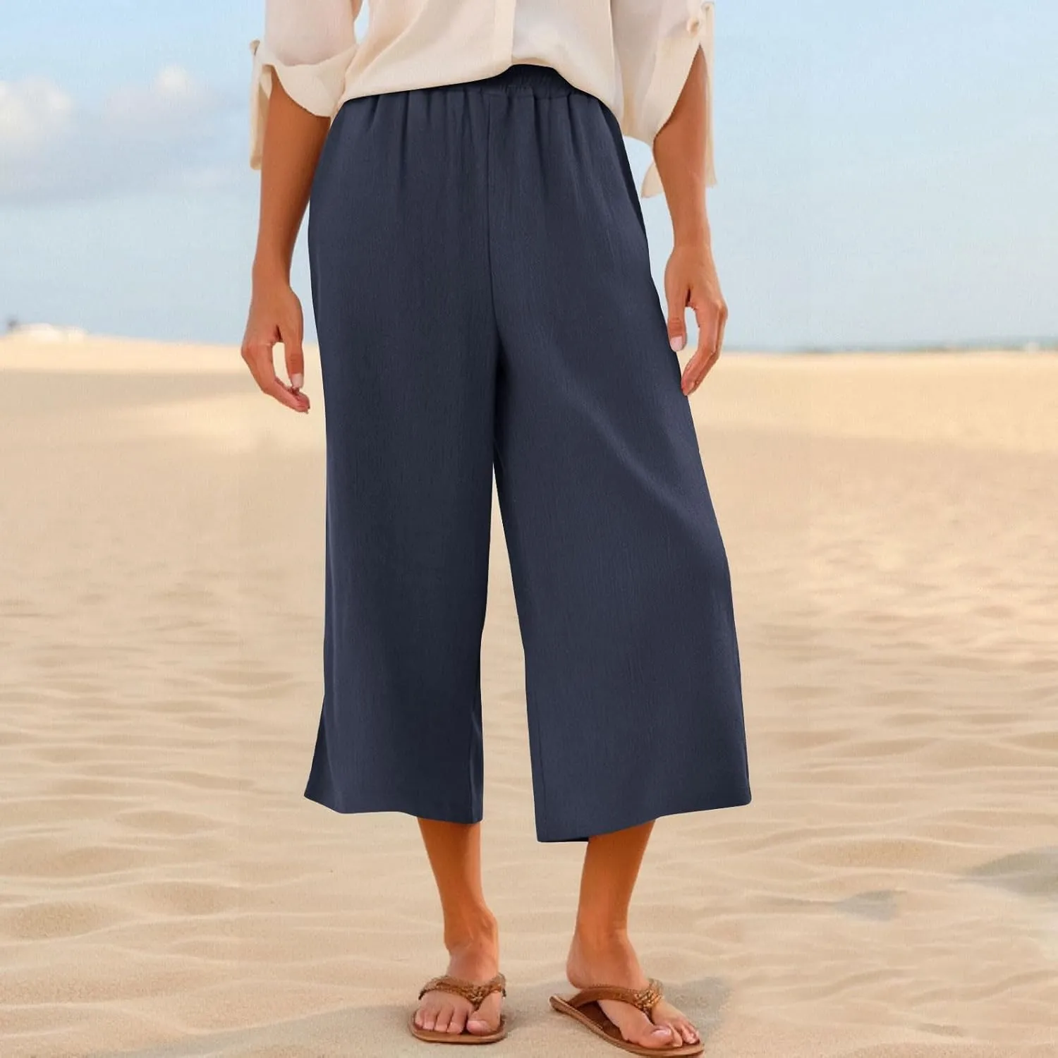 Womens Linen Pants Plus Size Dressy Casual Wide Leg Pants Summer Flowy Baggy Drawstring Palazzo Trousers 2025