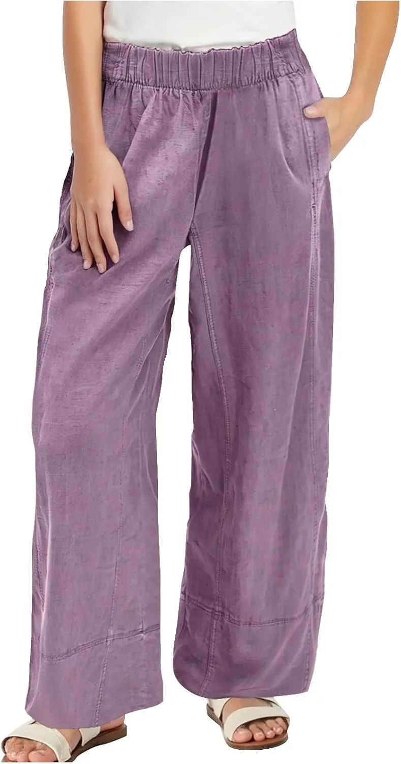 Womens Linen Pants with Pocket Summer High Waist Casual Wide Leg Pants Plus Size Trendy Flowy Palazzo Trousers