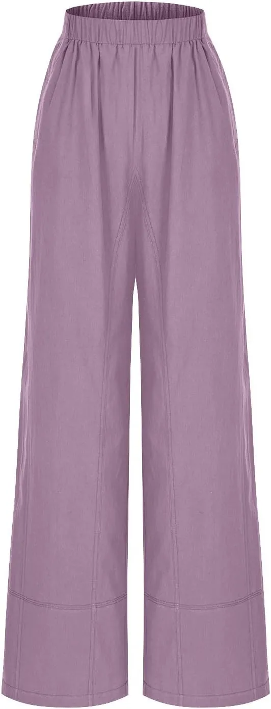 Womens Linen Pants with Pocket Summer High Waist Casual Wide Leg Pants Plus Size Trendy Flowy Palazzo Trousers