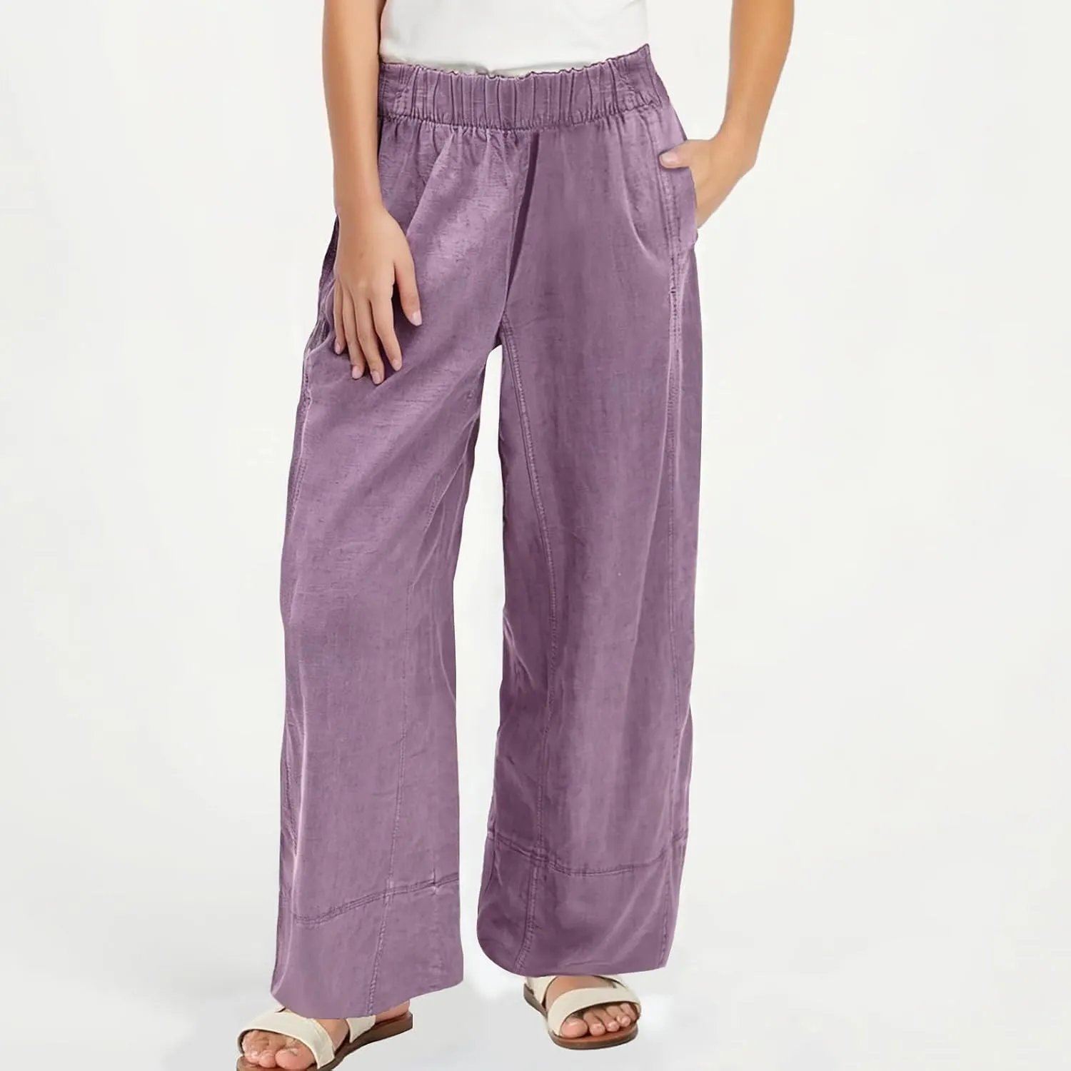 Womens Linen Pants with Pocket Summer High Waist Casual Wide Leg Pants Plus Size Trendy Flowy Palazzo Trousers
