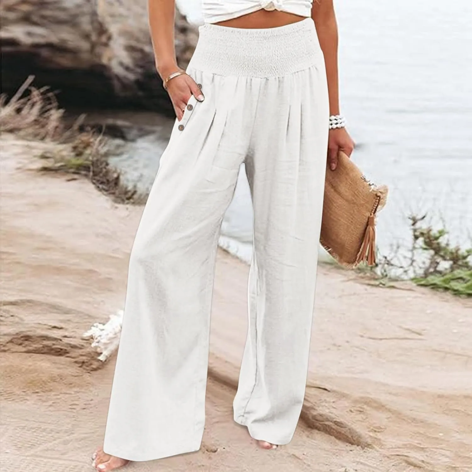 Women's Linen Summer Pants Loose Wide Leg Pants Elastic High Waist Pants Fashion Solid Color Trousers with Pockets