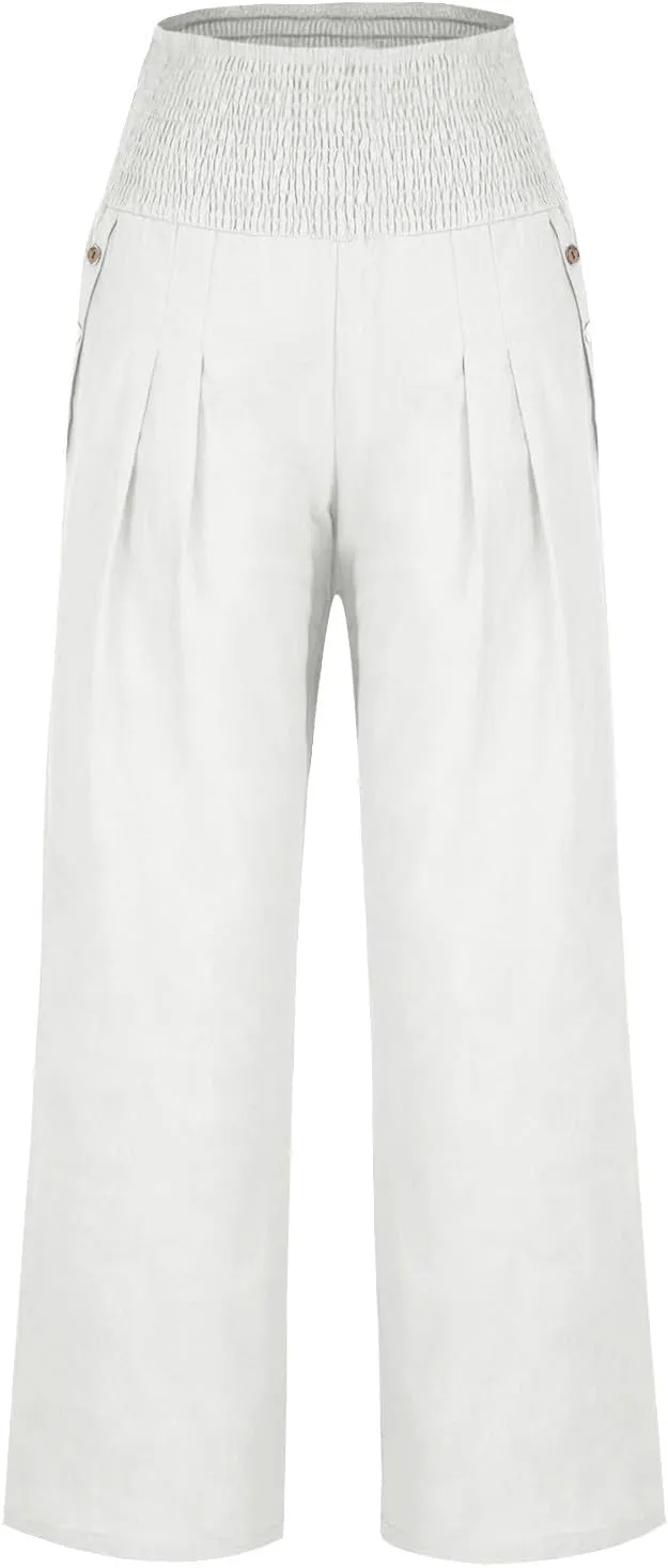 Women's Linen Summer Pants Loose Wide Leg Pants Elastic High Waist Pants Fashion Solid Color Trousers with Pockets