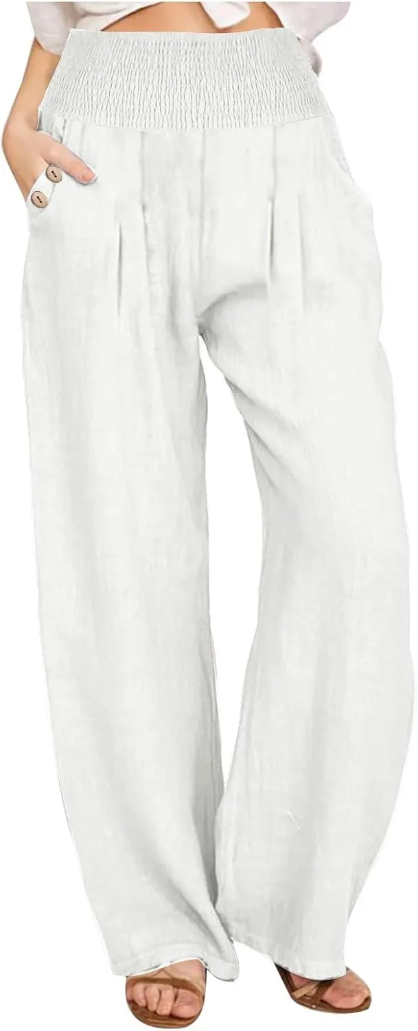 Women's Linen Summer Pants Loose Wide Leg Pants Elastic High Waist Pants Fashion Solid Color Trousers with Pockets