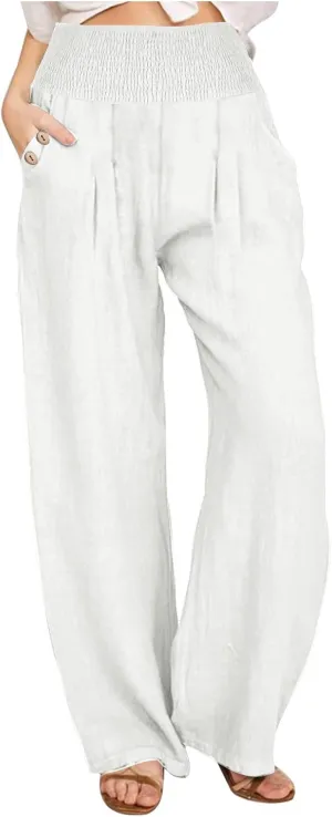 Women's Linen Summer Pants Loose Wide Leg Pants Elastic High Waist Pants Fashion Solid Color Trousers with Pockets