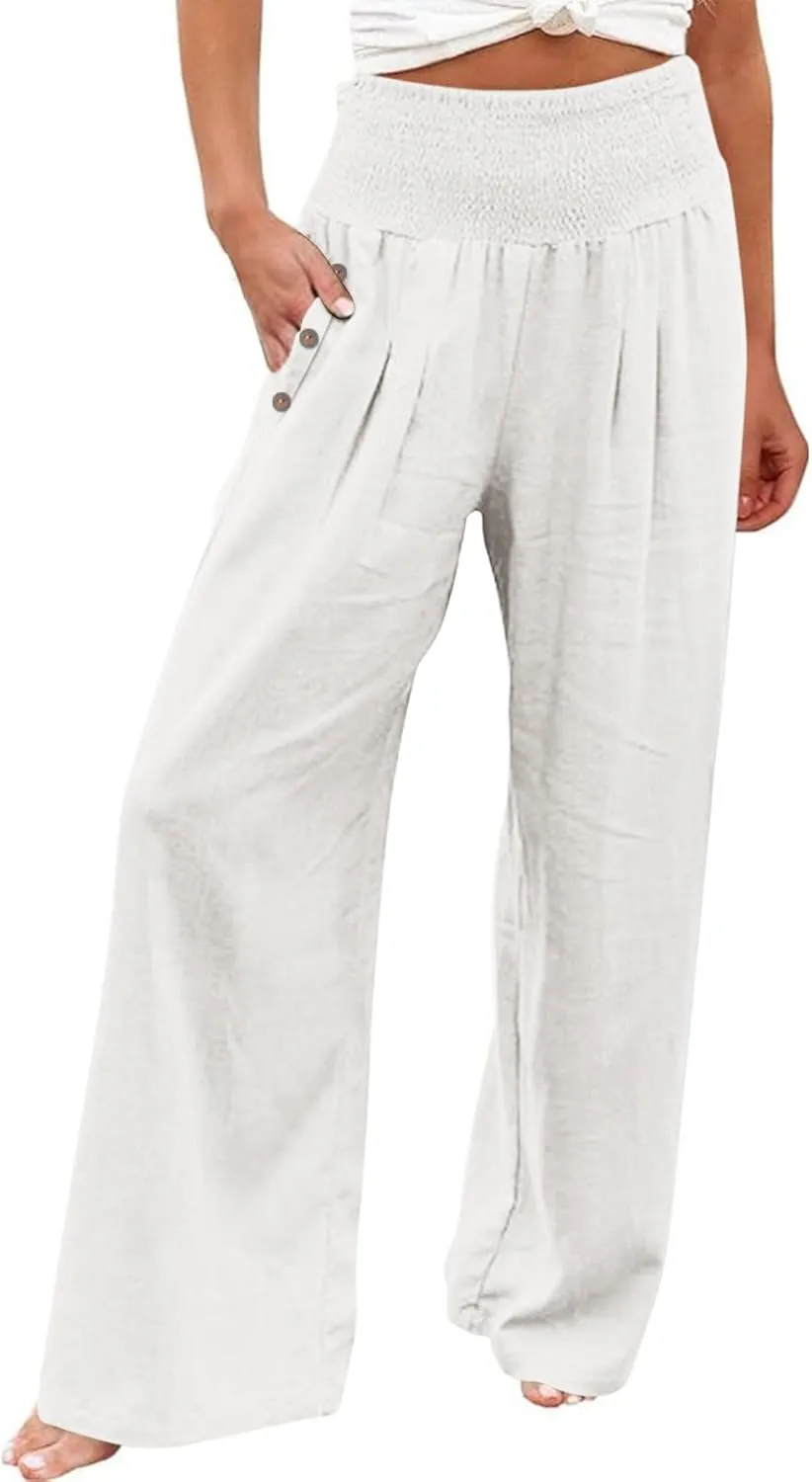 Women's Linen Summer Pants Loose Wide Leg Pants Elastic High Waist Pants Fashion Solid Color Trousers with Pockets