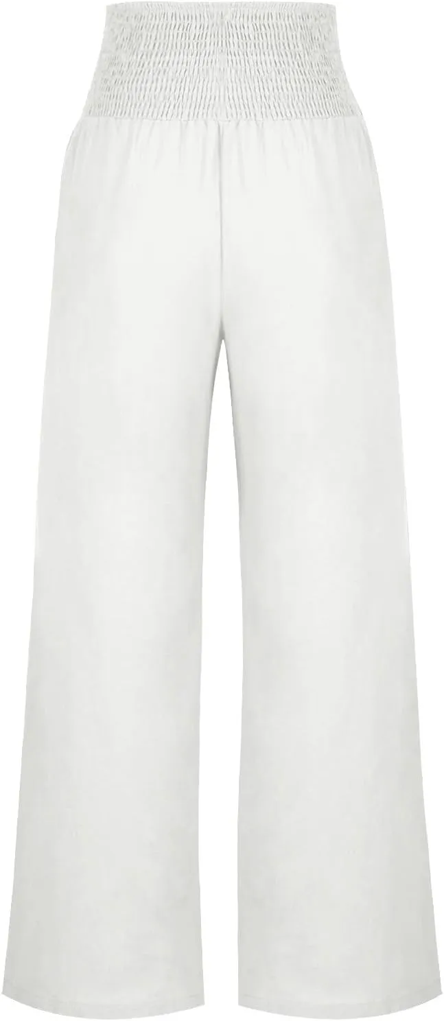 Women's Linen Summer Pants Loose Wide Leg Pants Elastic High Waist Pants Fashion Solid Color Trousers with Pockets