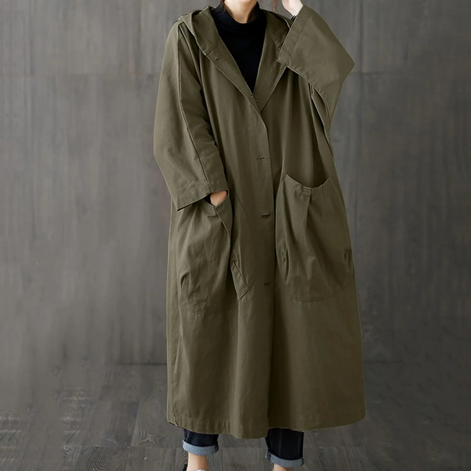 Womens Long Breasted Trench Coat Midi Length Overcoat Faux Leather Suit Jacket for Women