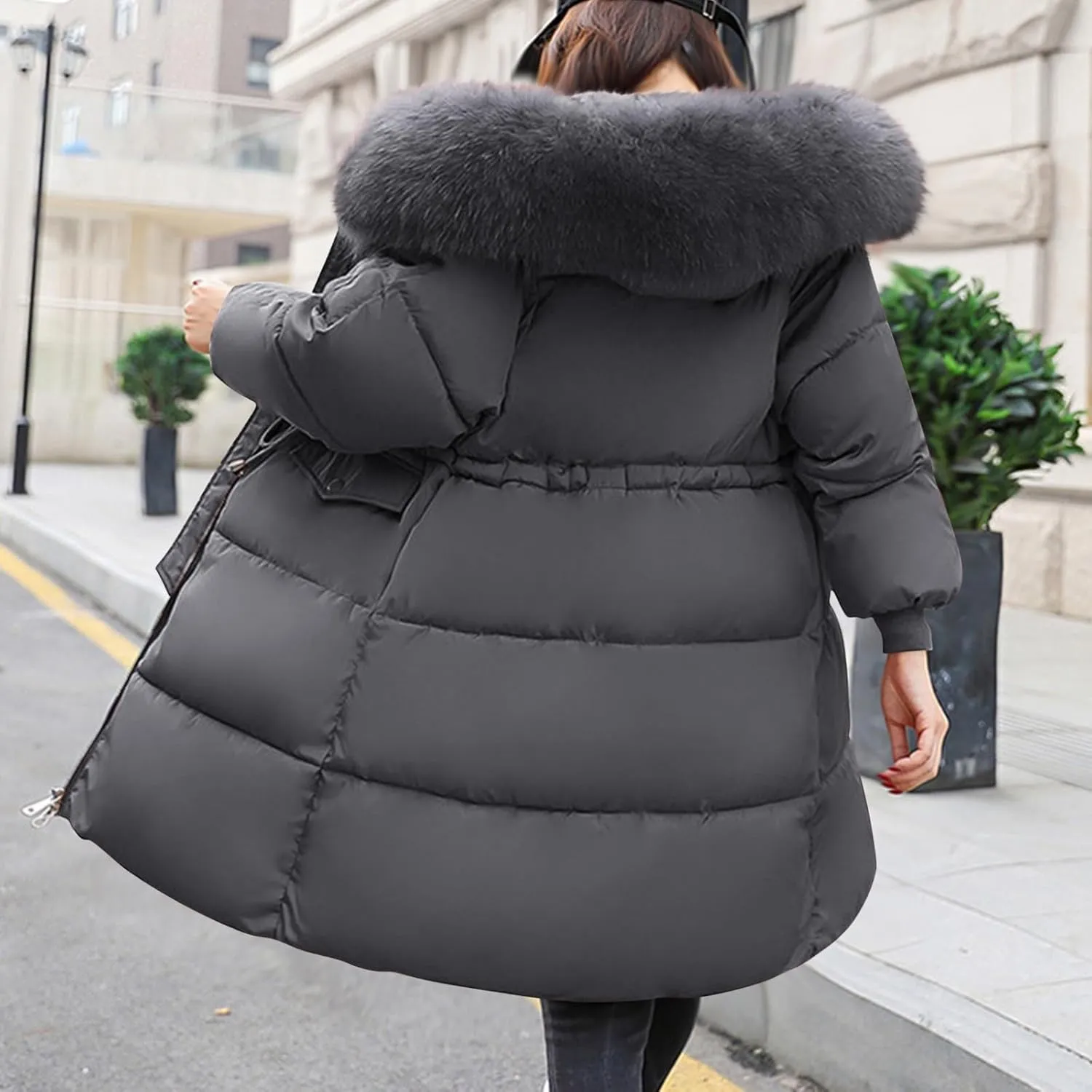 Womens Long Down Jacket with Trim Fur Hood, Winter Puffer Coat Padded Warm Down Coat Thicken Jacket Parka Outerwear