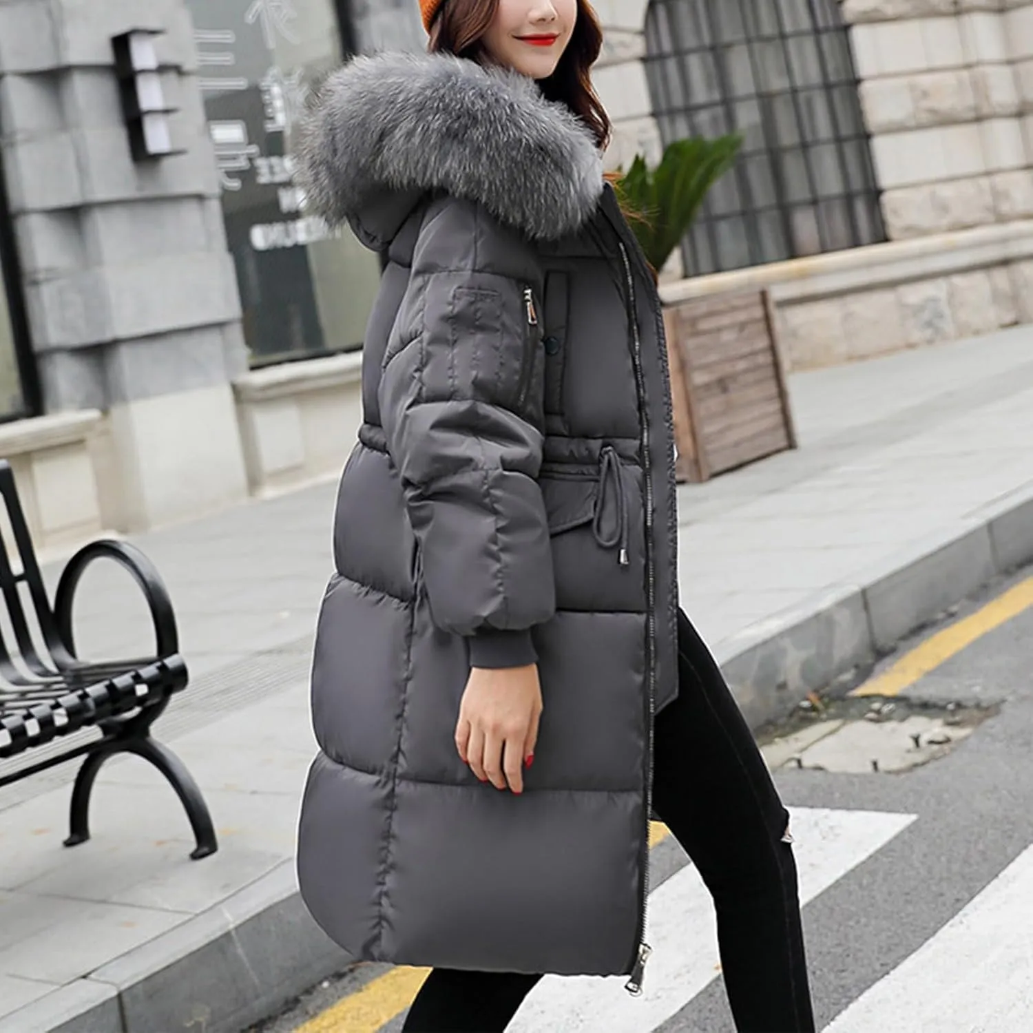 Womens Long Down Jacket with Trim Fur Hood, Winter Puffer Coat Padded Warm Down Coat Thicken Jacket Parka Outerwear