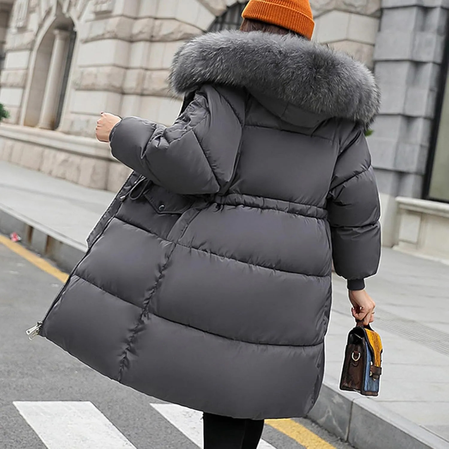 Womens Long Down Jacket with Trim Fur Hood, Winter Puffer Coat Padded Warm Down Coat Thicken Jacket Parka Outerwear