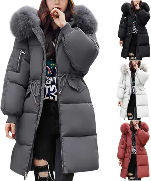 Womens Long Down Jacket with Trim Fur Hood, Winter Puffer Coat Padded Warm Down Coat Thicken Jacket Parka Outerwear
