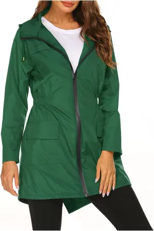 Women's Long Raincoat Waterproof Lightweight Tunic Trench Coat Activity Outdoor Windbreaker Hooded with Pockets