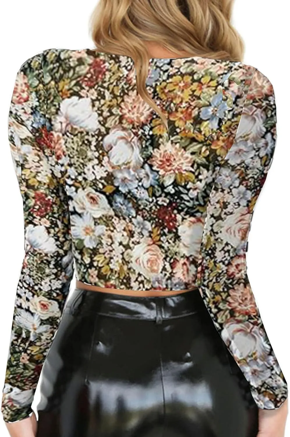 Women's Long Sleeve Checkered Print Sexy See Through Sheer Mesh Crop Top Tee T Shirts
