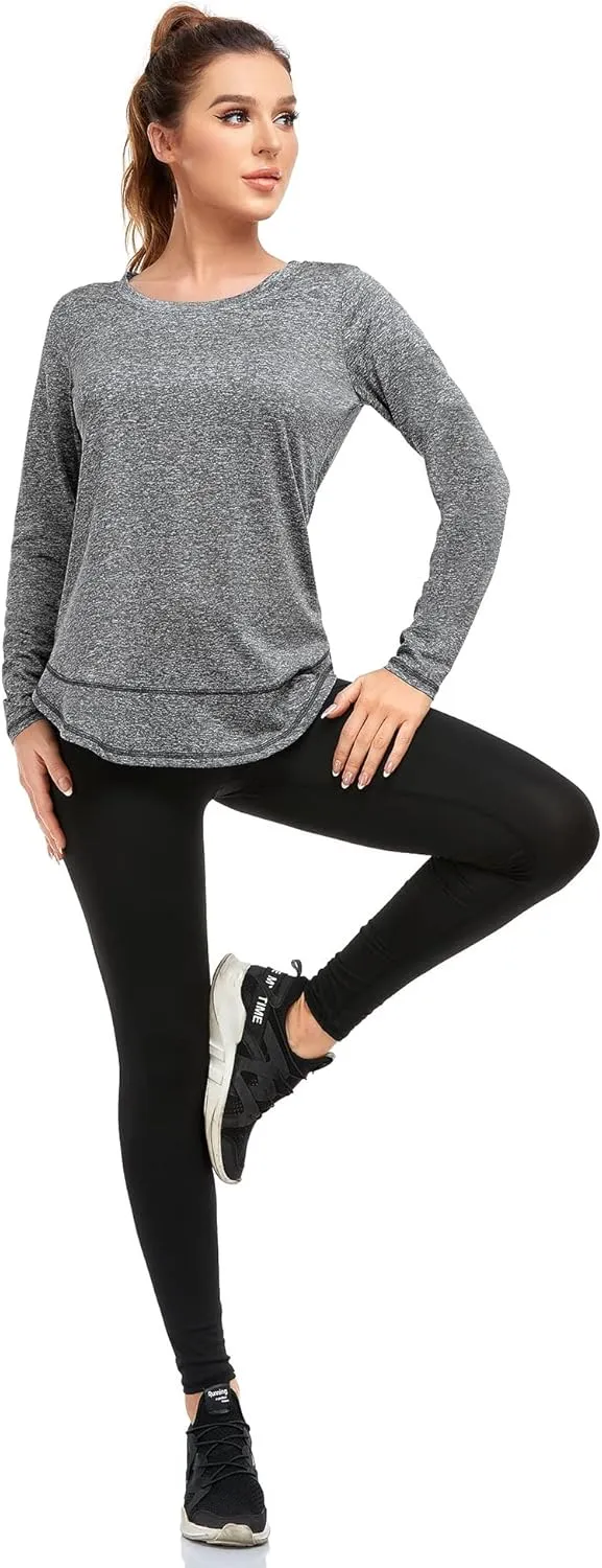 Women's Long Sleeve Workout Shirts Crewneck Sports Yoga Running Dry Fit Tops Side Split Tee