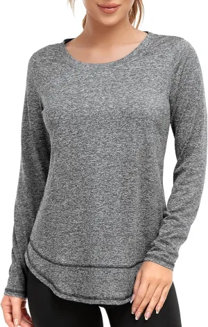 Women's Long Sleeve Workout Shirts Crewneck Sports Yoga Running Dry Fit Tops Side Split Tee