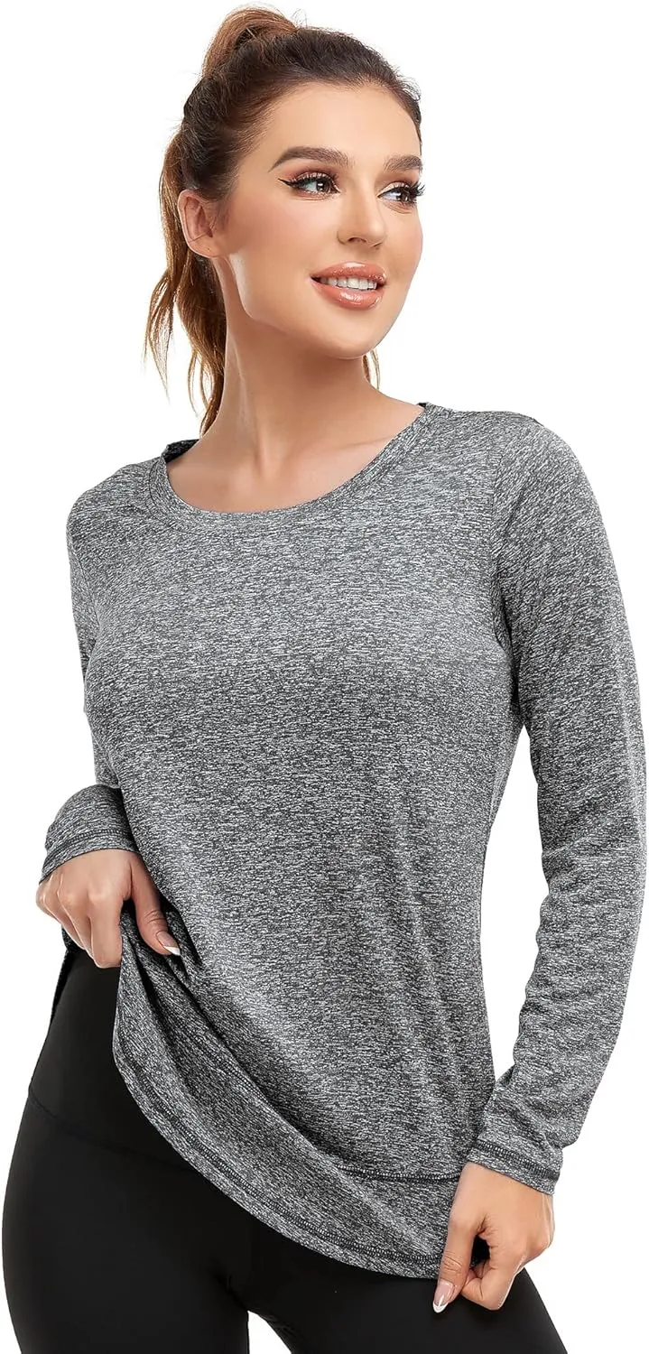 Women's Long Sleeve Workout Shirts Crewneck Sports Yoga Running Dry Fit Tops Side Split Tee