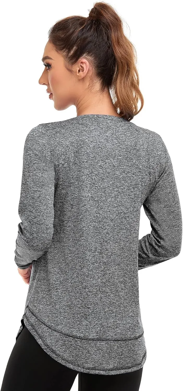 Women's Long Sleeve Workout Shirts Crewneck Sports Yoga Running Dry Fit Tops Side Split Tee