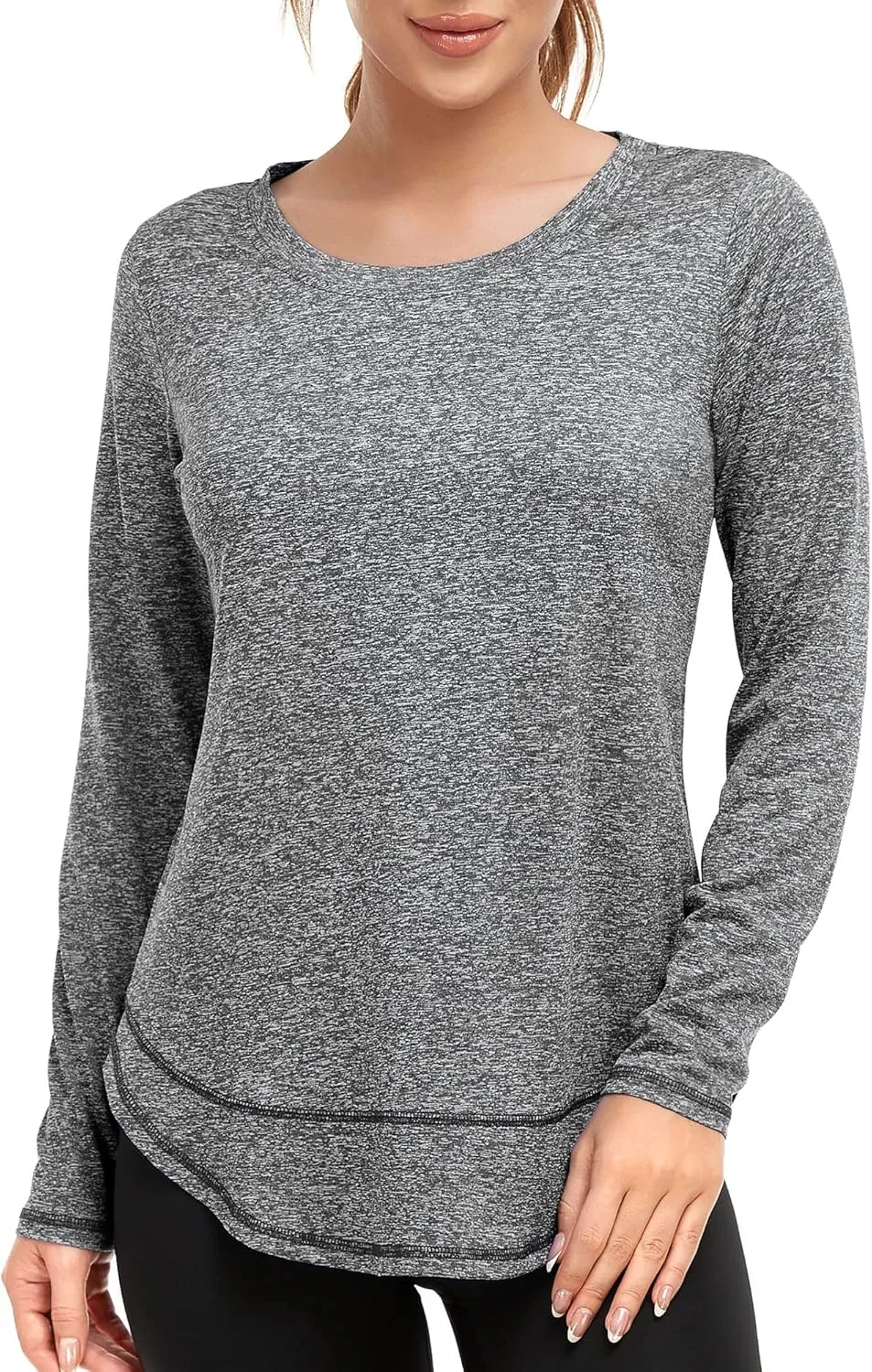 Women's Long Sleeve Workout Shirts Crewneck Sports Yoga Running Dry Fit Tops Side Split Tee