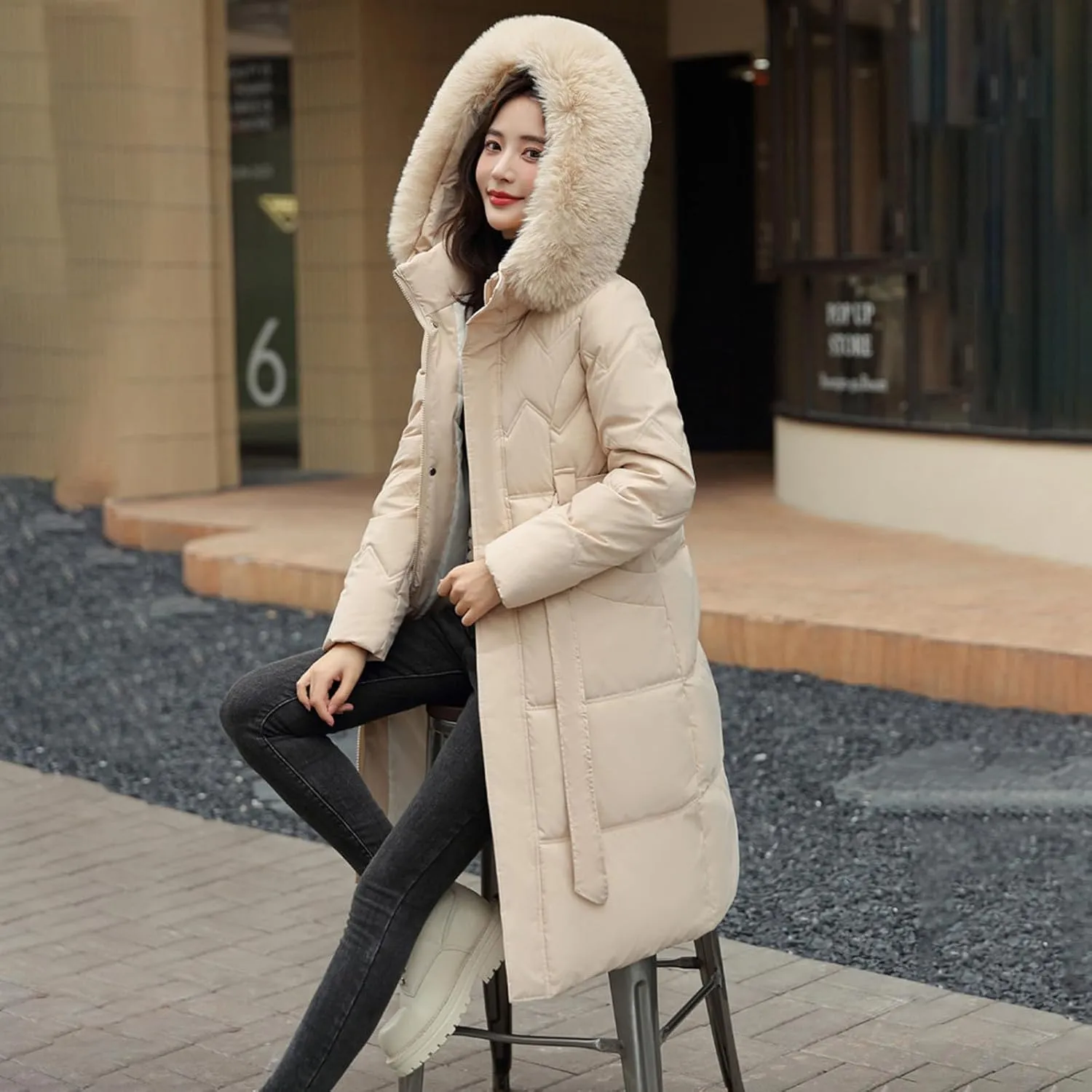 Women's Long Winter Puffer Cotton Coat Windproof Warm Midi Down Padded Jacket Thicken Faux Fur Hooded Belted Outwear