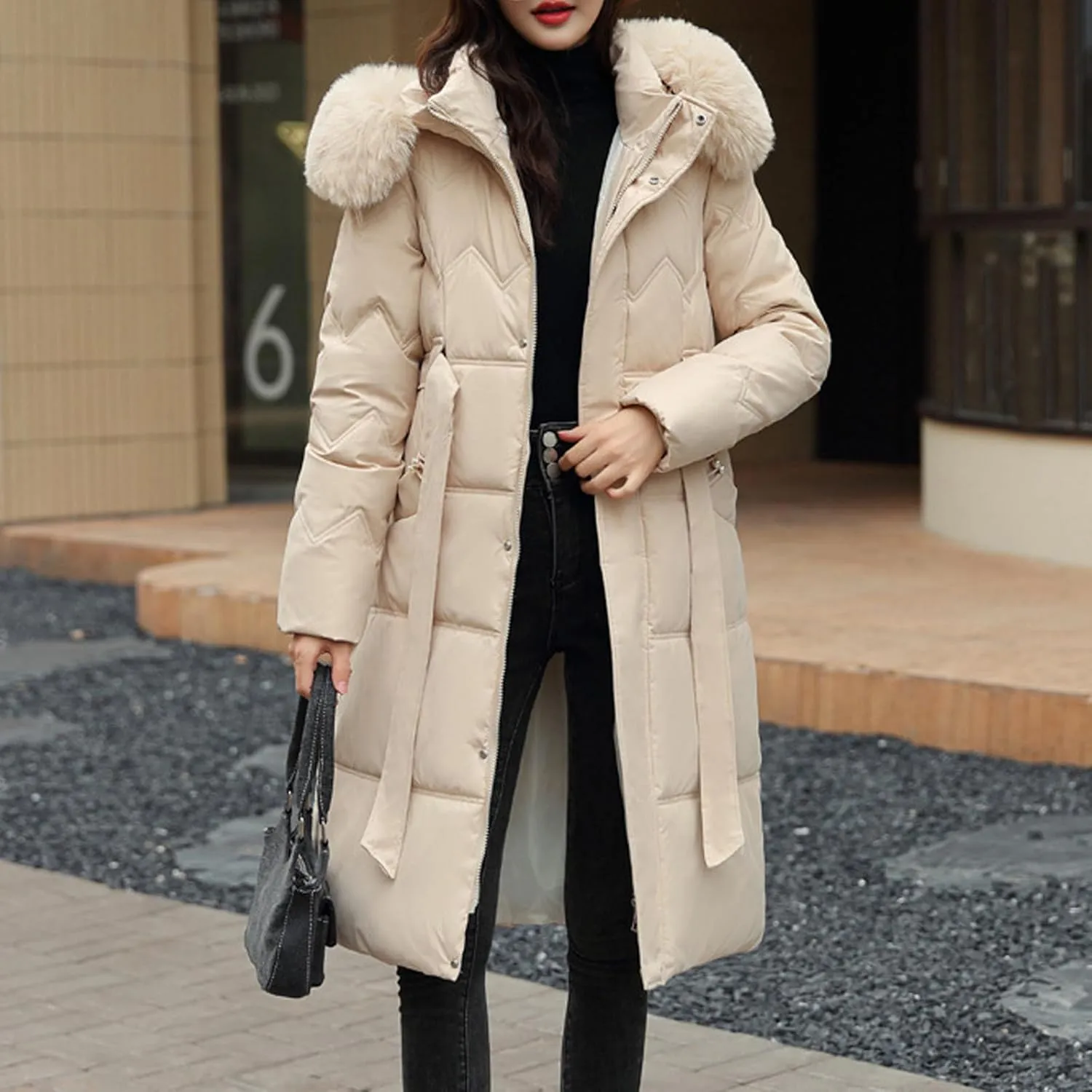 Women's Long Winter Puffer Cotton Coat Windproof Warm Midi Down Padded Jacket Thicken Faux Fur Hooded Belted Outwear