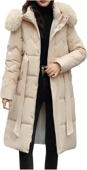 Women's Long Winter Puffer Cotton Coat Windproof Warm Midi Down Padded Jacket Thicken Faux Fur Hooded Belted Outwear