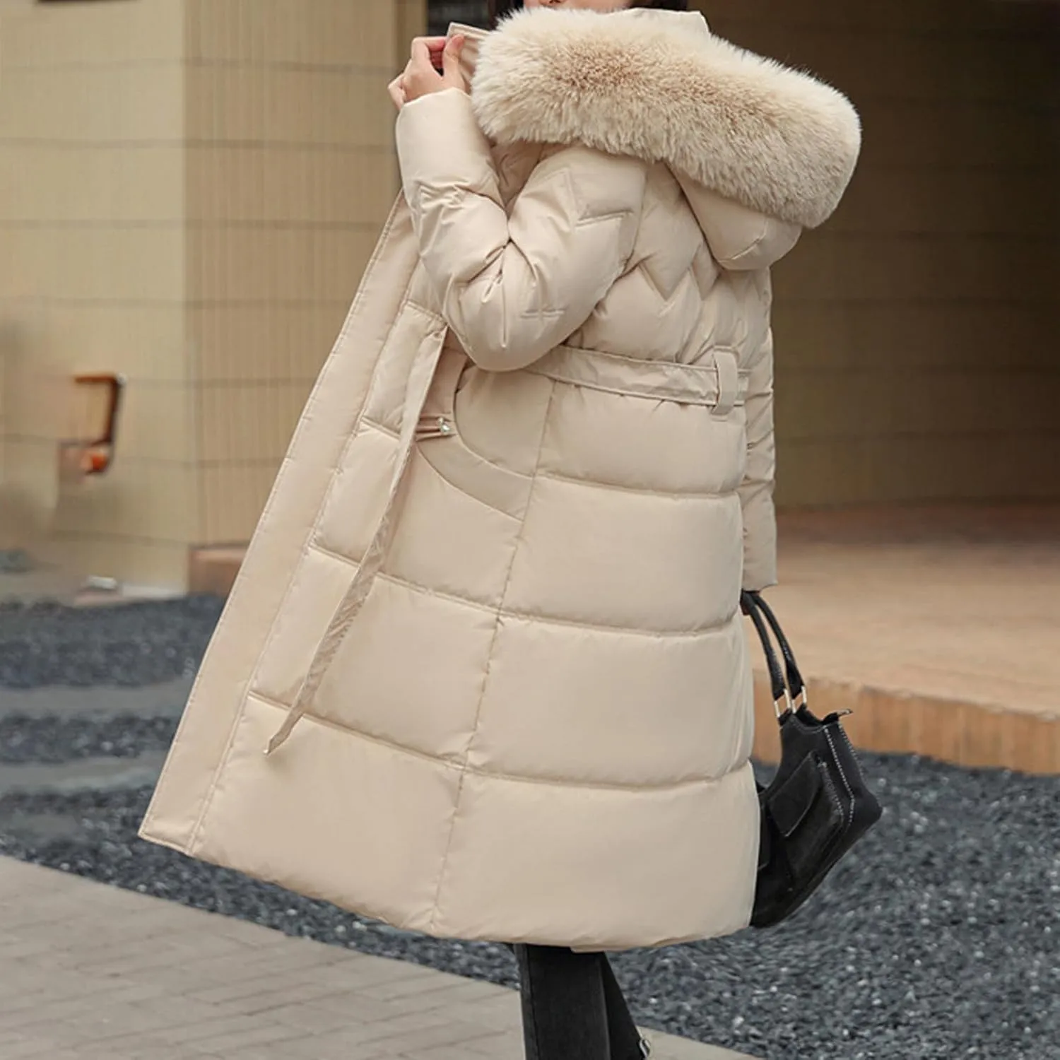 Women's Long Winter Puffer Cotton Coat Windproof Warm Midi Down Padded Jacket Thicken Faux Fur Hooded Belted Outwear