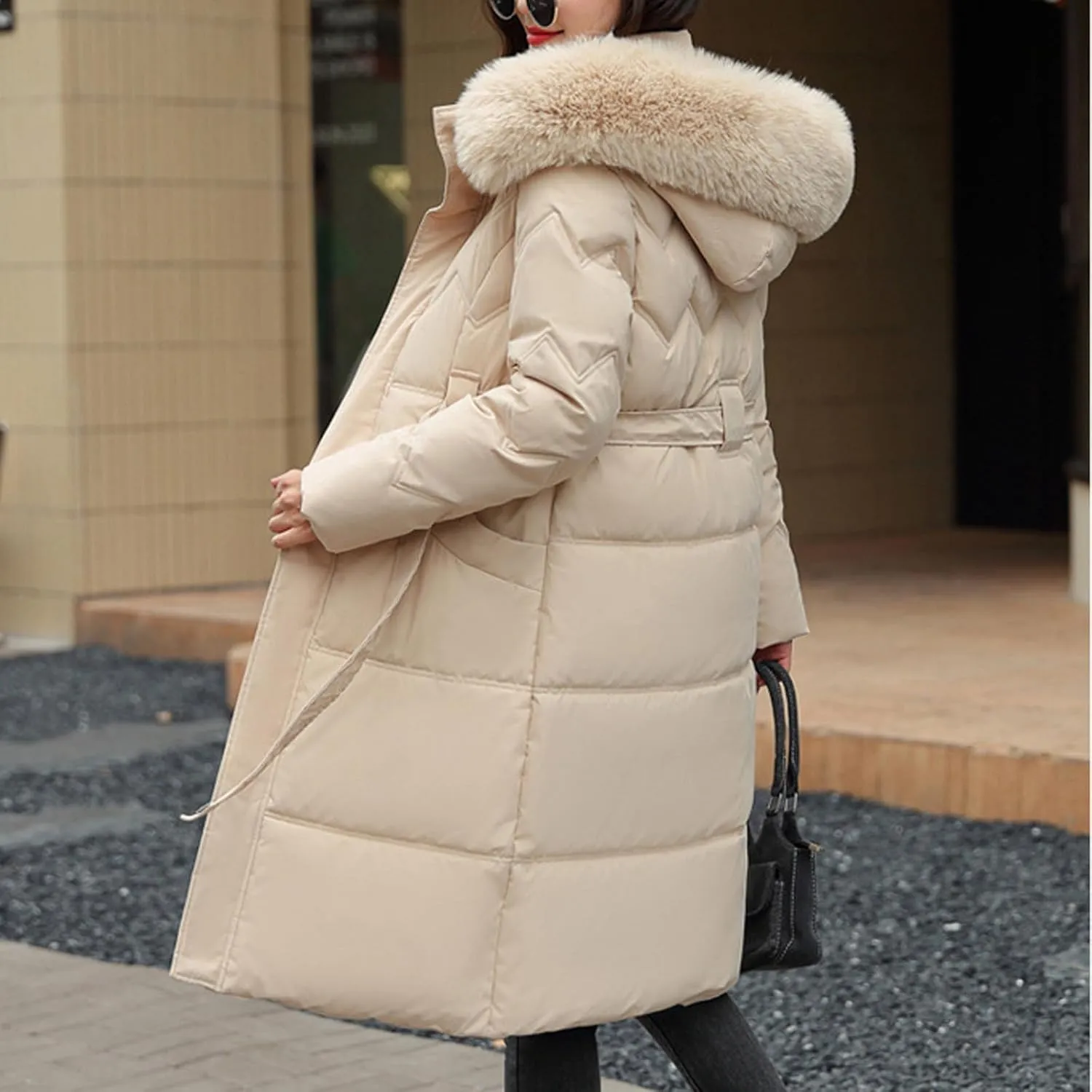Women's Long Winter Puffer Cotton Coat Windproof Warm Midi Down Padded Jacket Thicken Faux Fur Hooded Belted Outwear