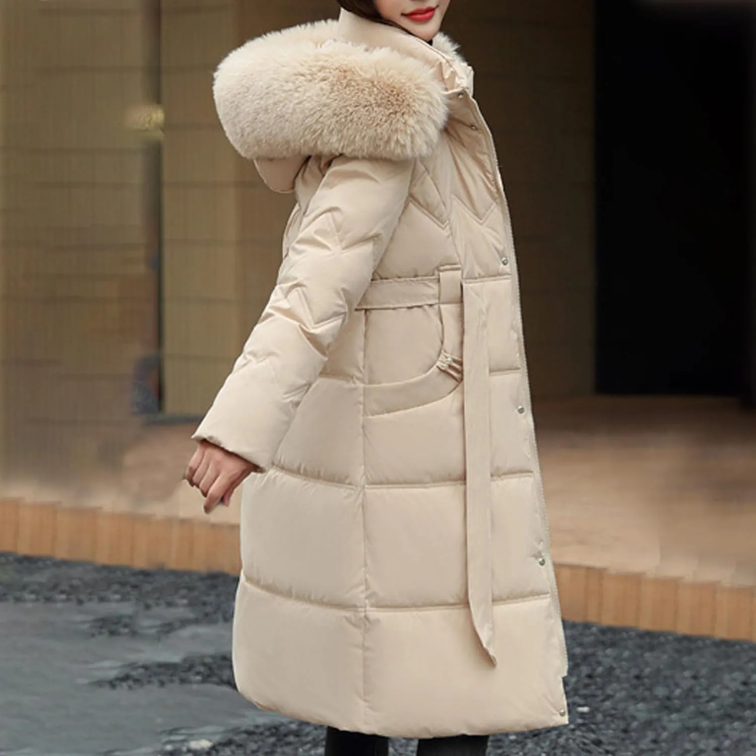 Women's Long Winter Puffer Cotton Coat Windproof Warm Midi Down Padded Jacket Thicken Faux Fur Hooded Belted Outwear