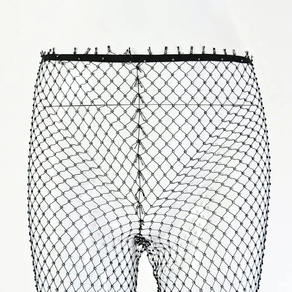 Women's Mesh Rhinestone Pants See Through Fishnet Leggings Hollow Out Bikini Swimsuit Cover Up Trousers Bottoms