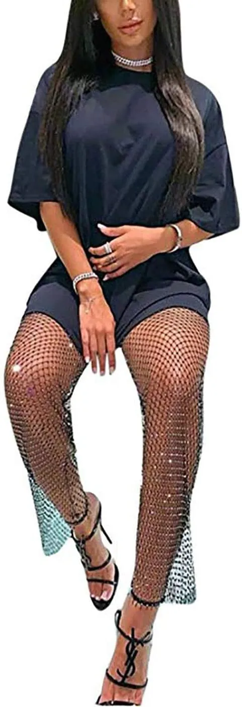 Women's Mesh Rhinestone Pants See Through Fishnet Leggings Hollow Out Bikini Swimsuit Cover Up Trousers Bottoms