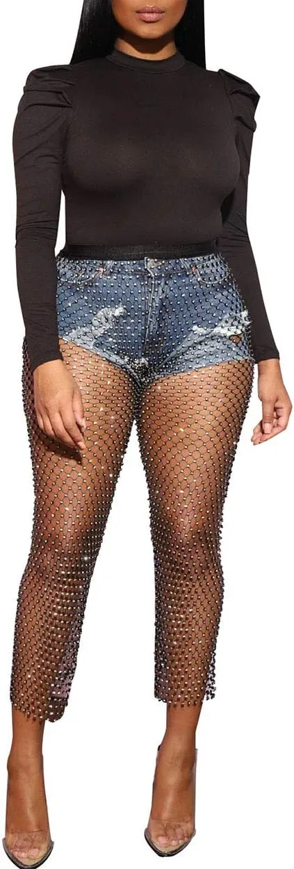 Women's Mesh Rhinestone Pants See Through Fishnet Leggings Hollow Out Bikini Swimsuit Cover Up Trousers Bottoms