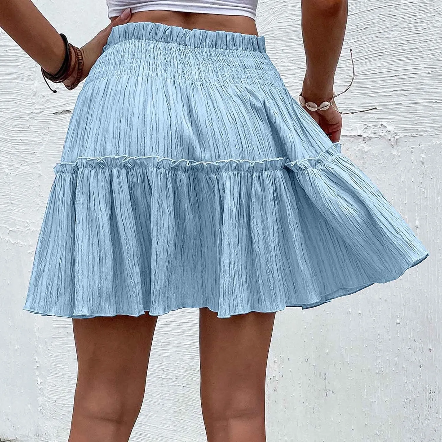 Women's Mini Skirt Summer Beach Skirt Casual Elastic High Waist Pleated A Line Ruffle Hem Flowy A Line Short Skirt